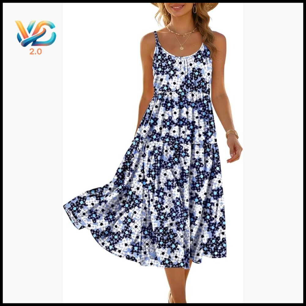 Women's Summer Midi Sundress Adjustable Spaghetti Strap Flowy Boho Casual